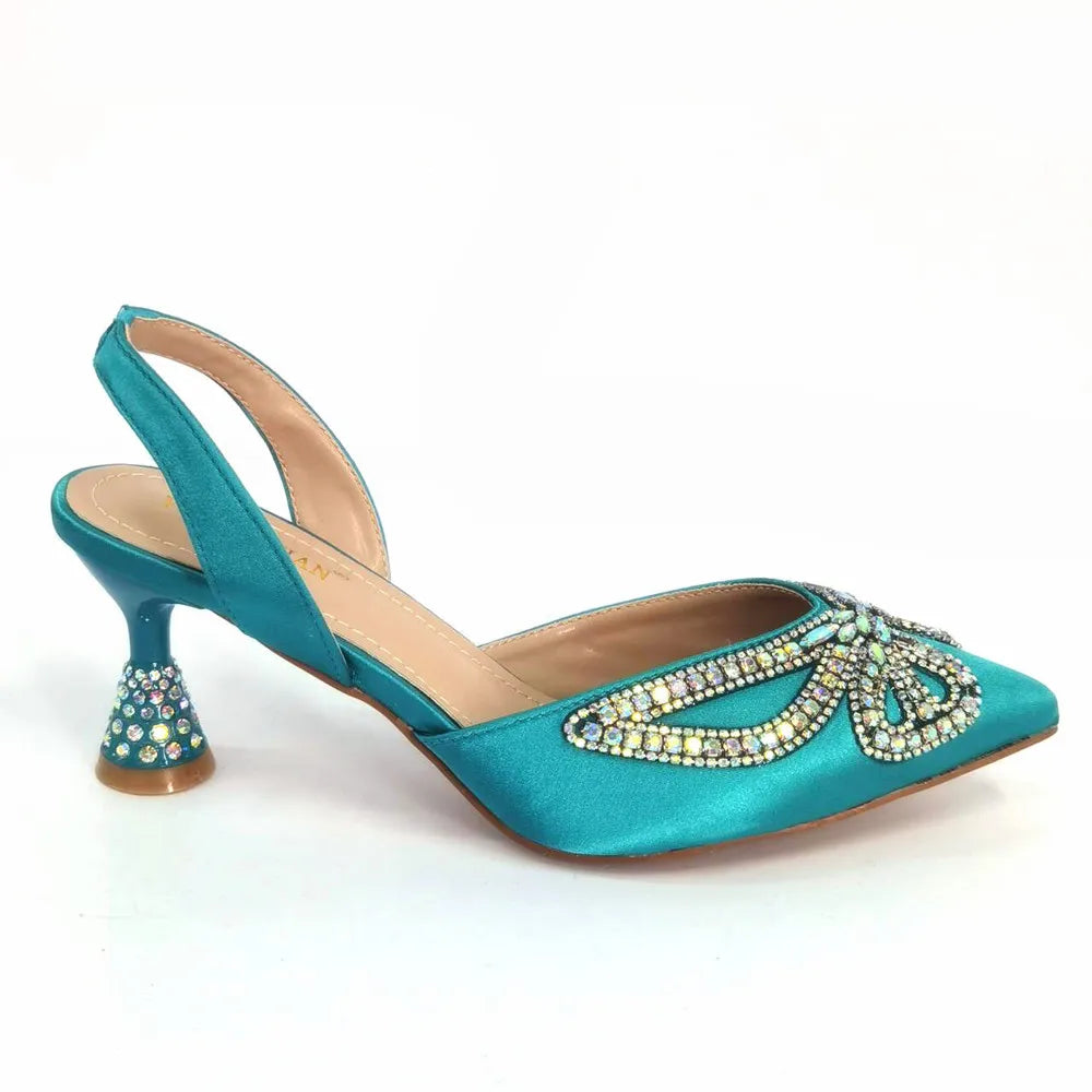 Elegant Green Bling Bow Pointed Toe Pumps for Women and Bags