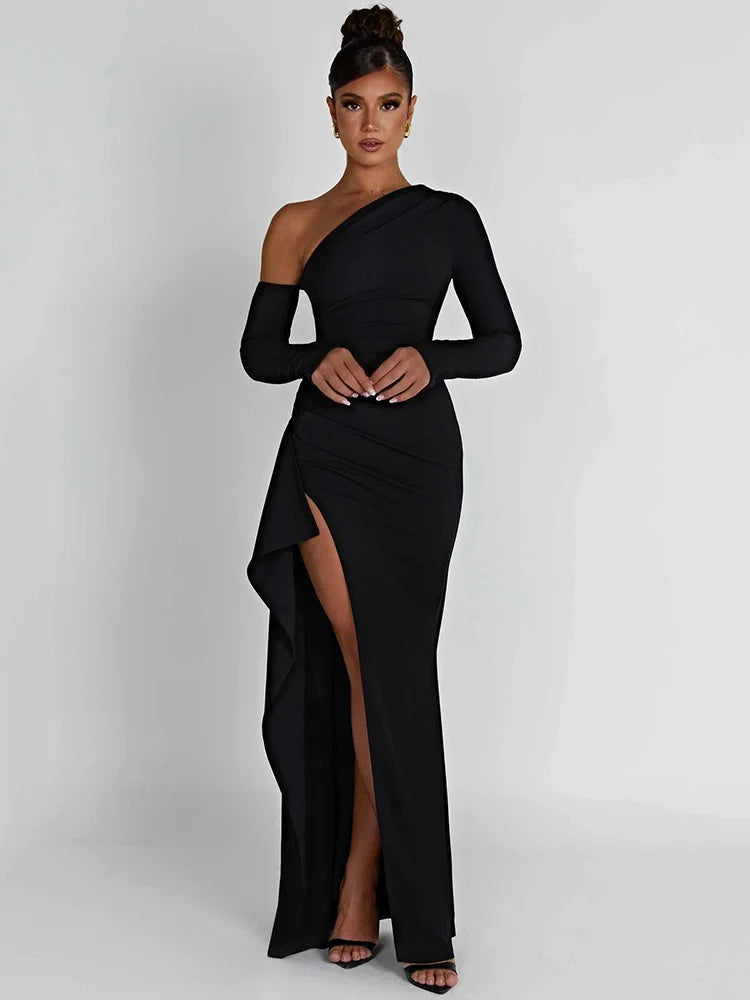 Oblique Shoulder Thigh High Split  Long Sleeve Backless Long Dress