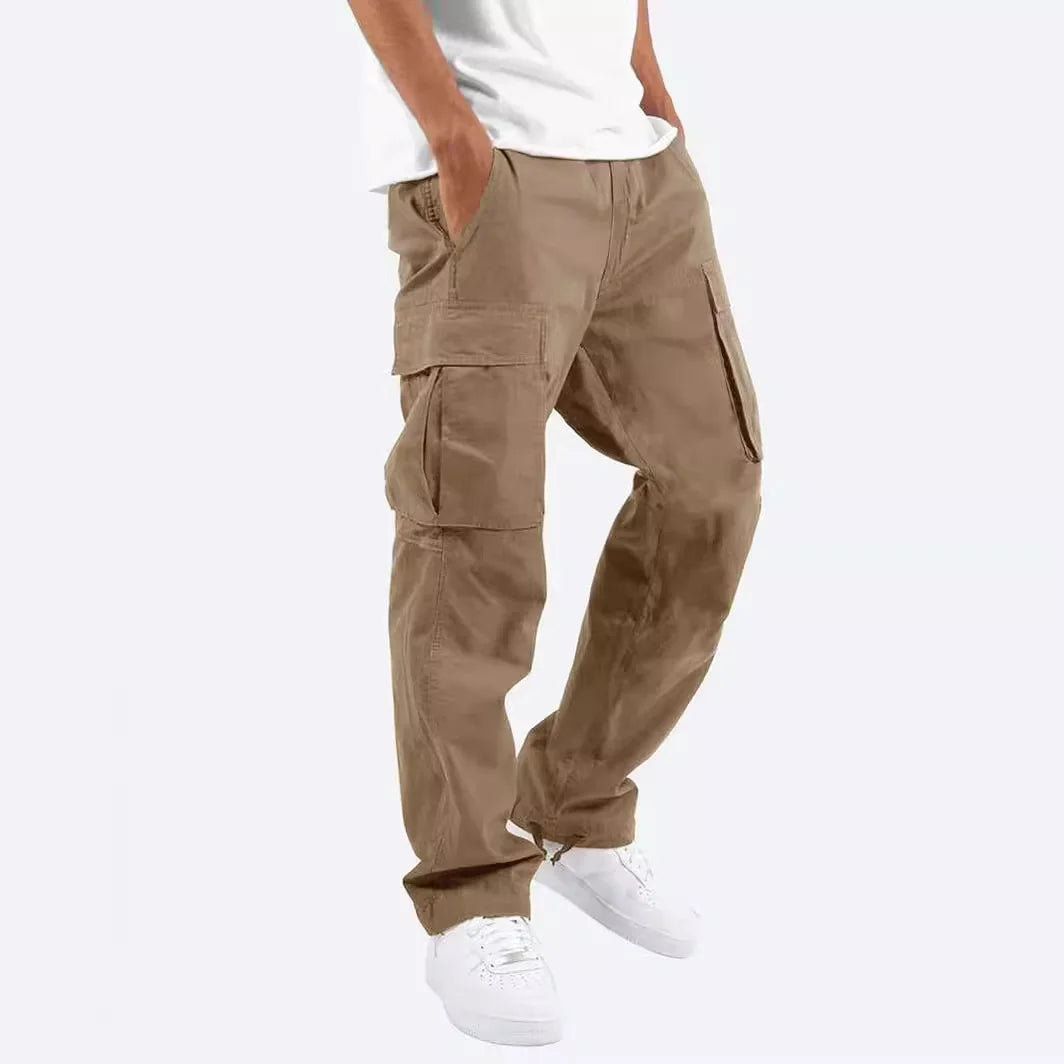 Cargo Pockets Casual Male High Elastic Waist Pocket Wide Leg Trousers