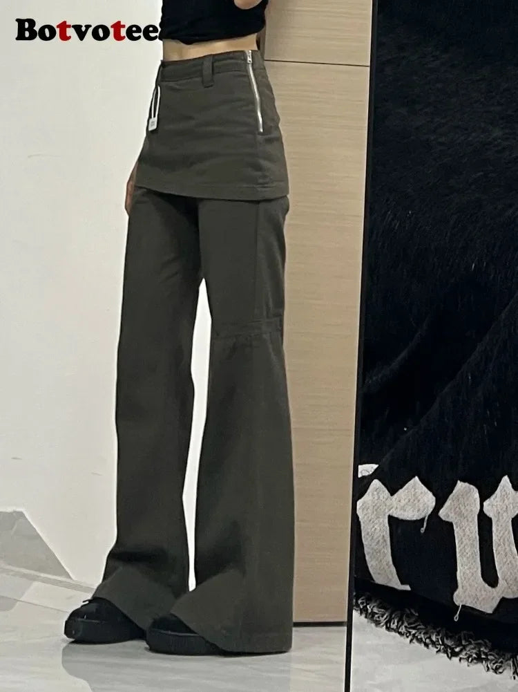 Botvotee Streetwear Fake Two-Piece Plus size Wide Leg Jeans for Women 2025 New Y2k Fashion High Waisted Flare Denim Pants