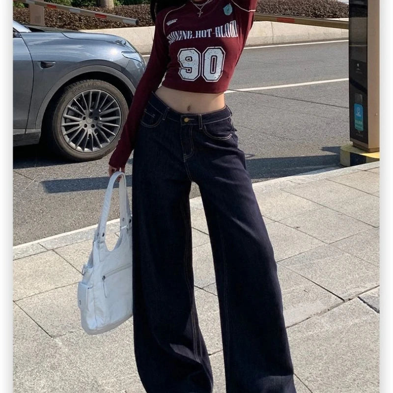 Lucyever Vintage Washed Wide Leg Jeans Women Deep Blue High Waist Baggy Y2K Denim Pants Lady Streetwear Casual Straight Trousers