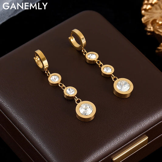 Stainless Steel Luxury White Zirconia Drop Earrings For Women