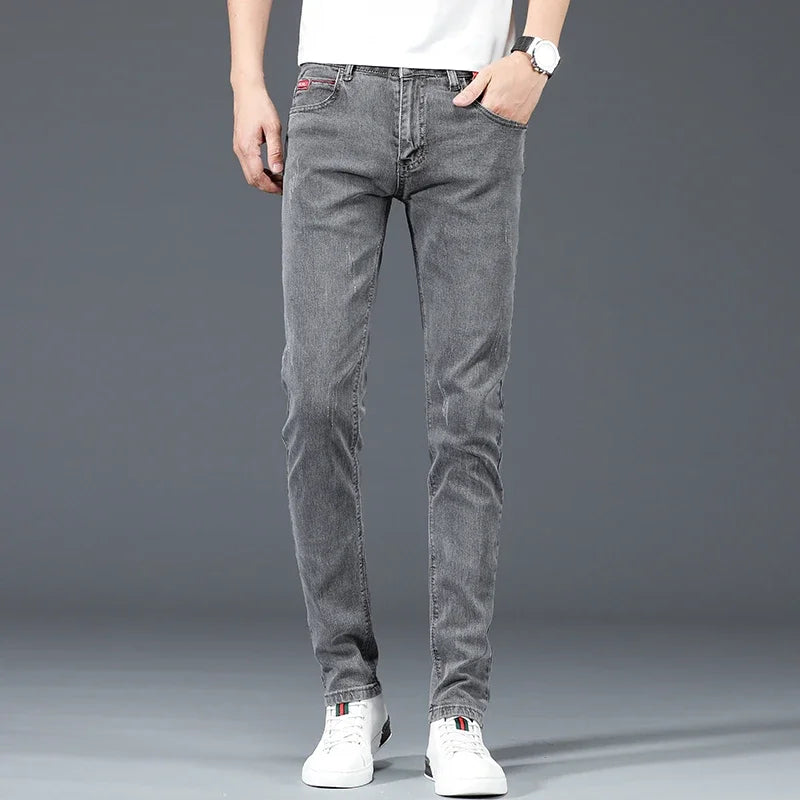 2024 New Men's Cotton Business Casual Skinny Jeans Trendy Fashionable Stretch Straight Slim Denim Trousers Male Blue Grey