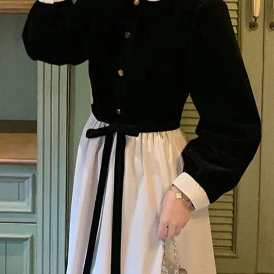 2025 Fall Black Dress Velvet Long Sleeve Women Dress Elegant Tweed Wind Midi Women's Fashion Dresses Women Clothes