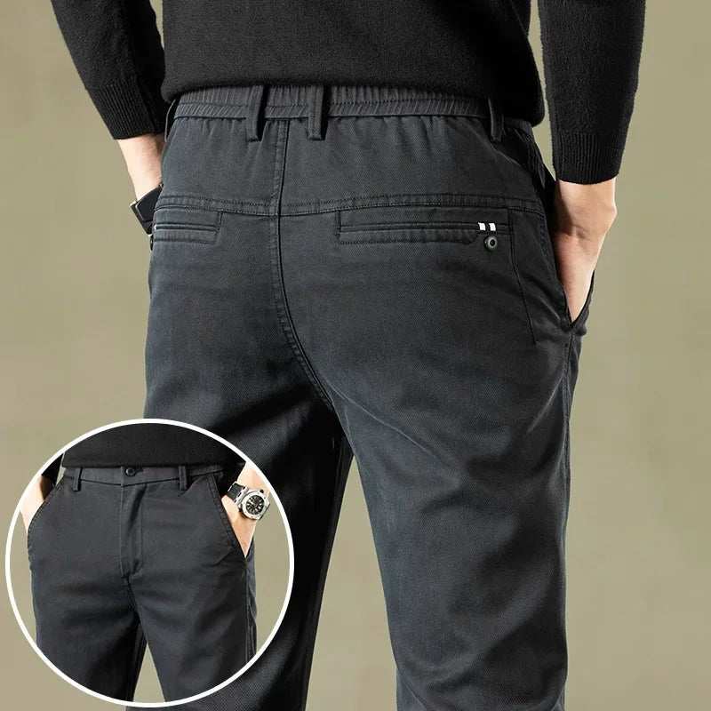 2024 Spring New Men's Casual Pants Brand Clothing Business Elastic Waist Thick Classic Slim Trousers Male Black Grey Brow