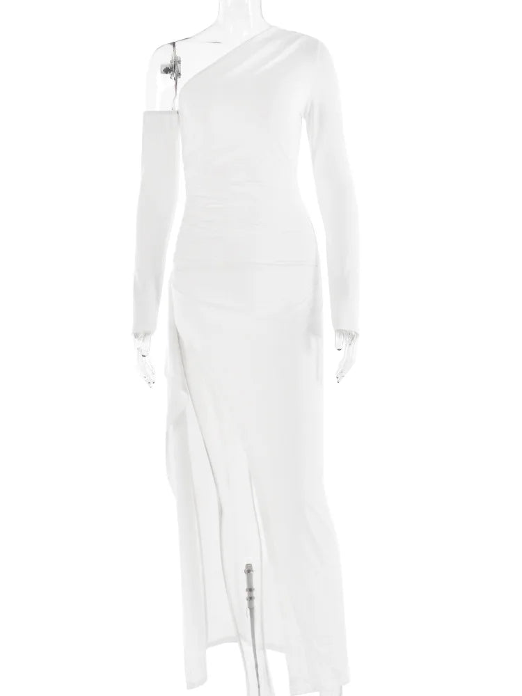 Oblique Shoulder Thigh High Split  Long Sleeve Backless Long Dress