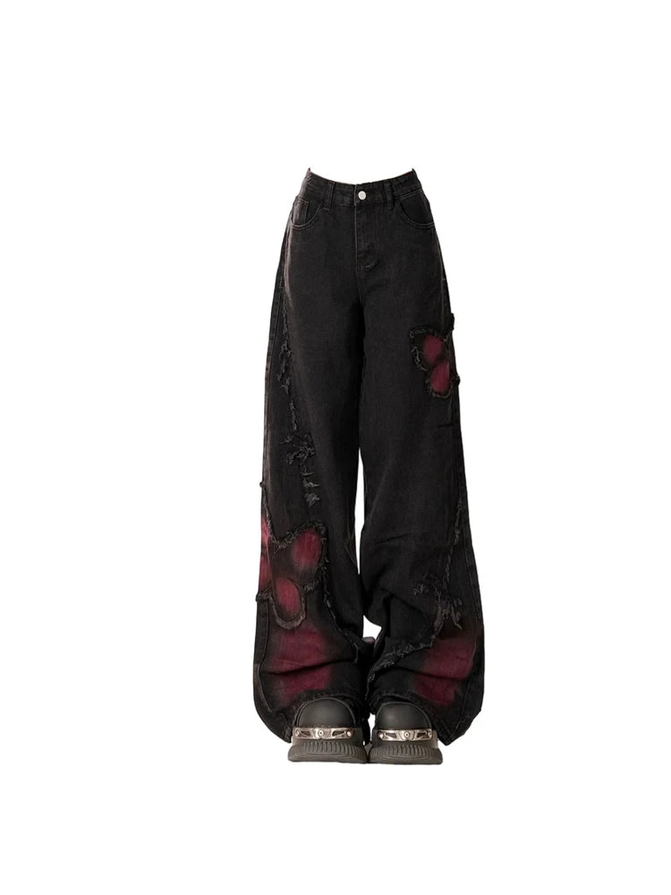 Women's Baggy Butterfly Jeans Vintage 90s Aesthetic Cowboy Pants Harajuku Oversize Denim Trousers Y2k 2000s Black Gothic Clothes