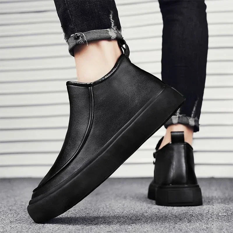 Black Men's Ankle Boots Luxury Designer Men Boots Platform Zipper High-Top Casual Shoes Versatile Comfortable Leather Shoes New