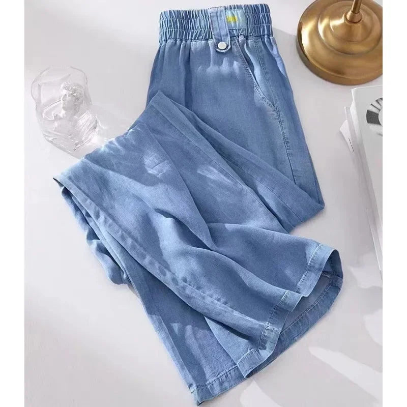 Loose Fit Ice Silk Denim Casual Pants Women's Summer Trendy Brand Thin Wide Leg Pants High Waist Wide Leg Jeans