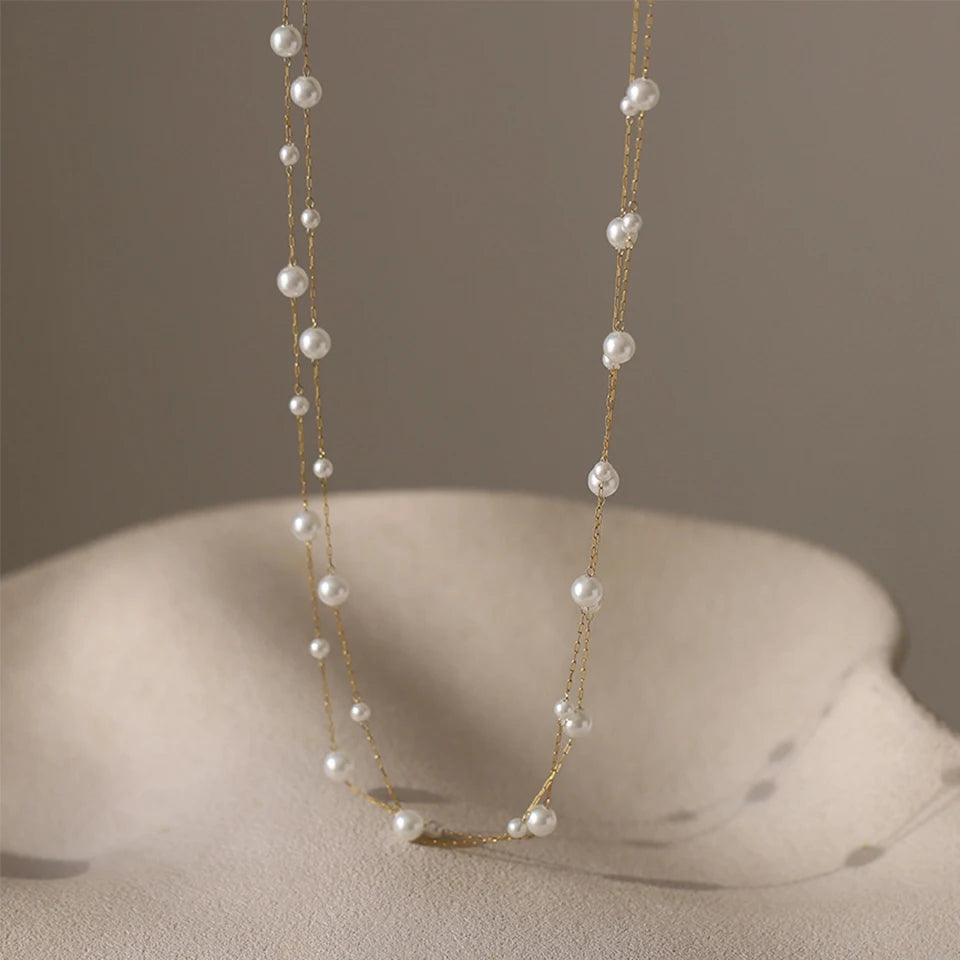 Stainless Steel Temperament Pearl Chain Choker Necklace for Women