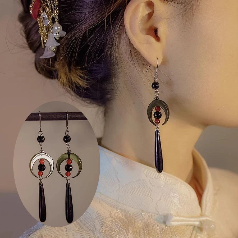 Steel Fun Jewelry HanFu Moon Pendent Long Tassel Earrings for Women