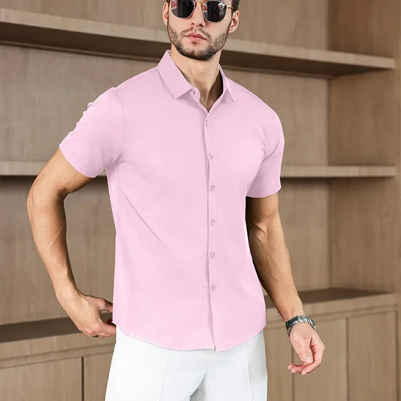 New Men's Business Casual Solid Color Short Sleeved Shirt for Summer Fashion No Ironing Comfortable and Versatile Top