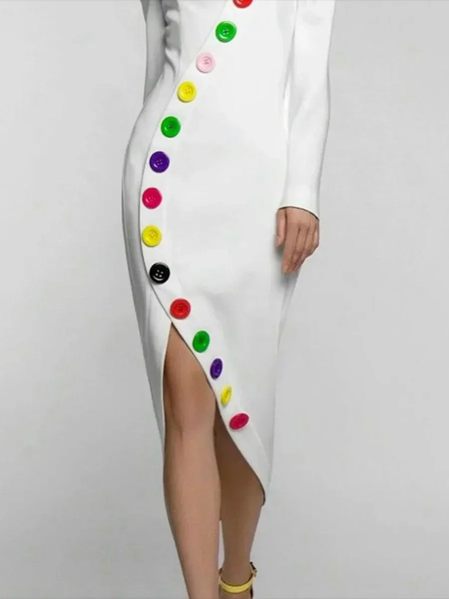 X-shape High-Neck Party Dress Colorful Buttoned Long Sleeves Dresses