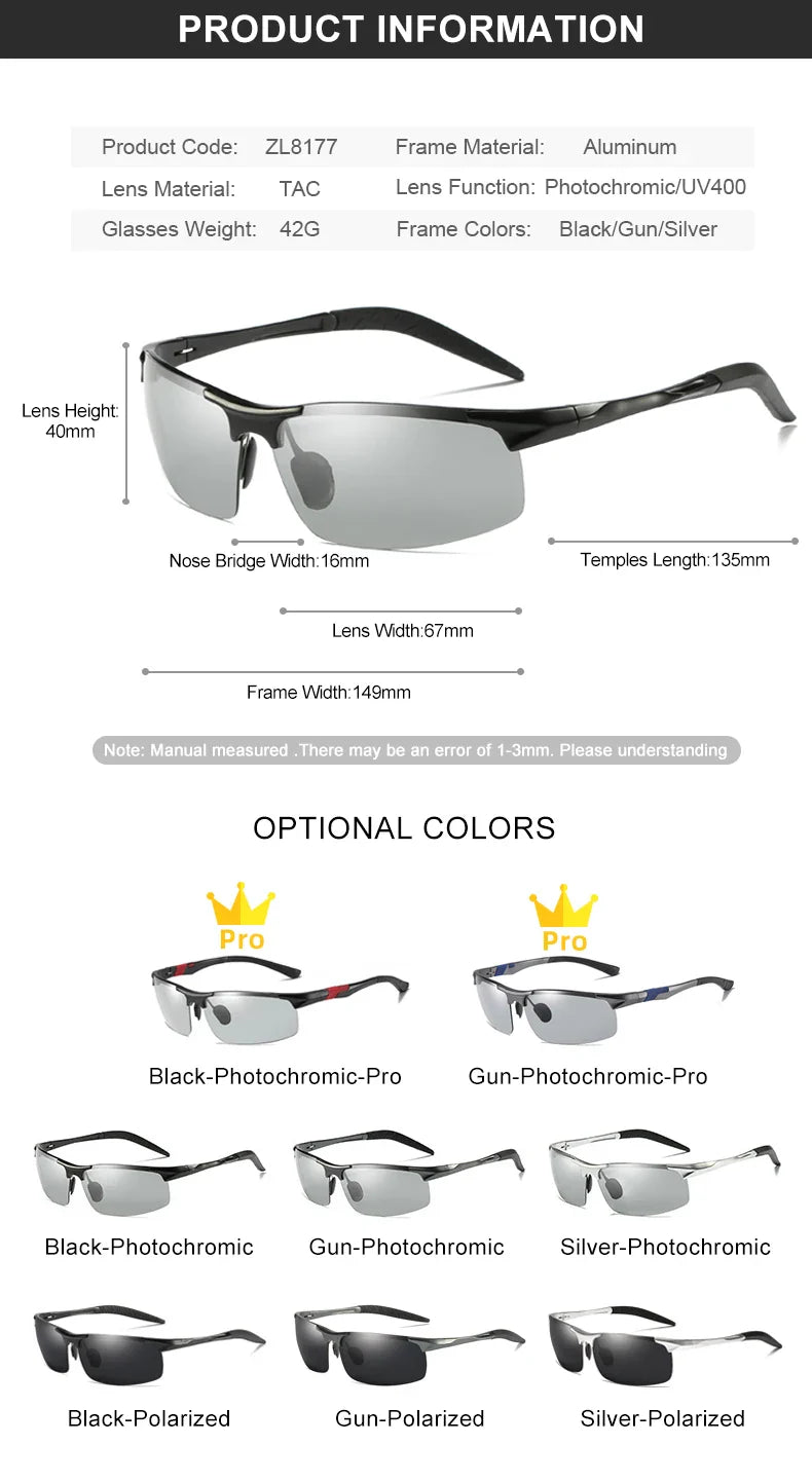 CLLOIO Aluminum Photochromic Sunglasses Men Polarized Day Night Driving Chameleon Glasses Anti-Glare Change Color Sun Glasses UV