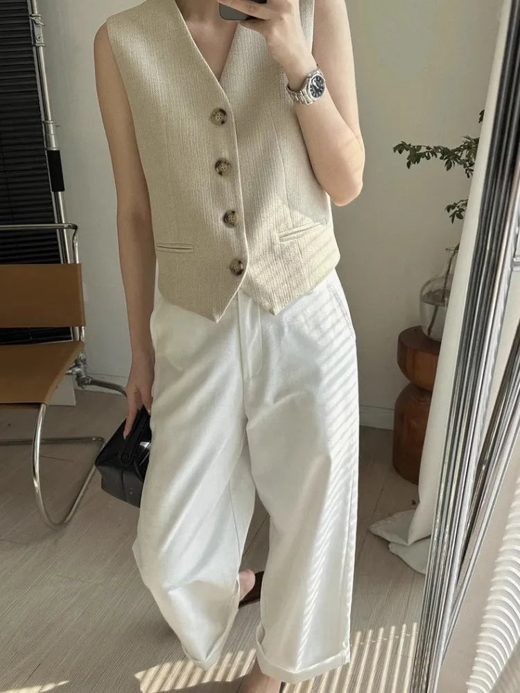 Women Casual Weaving Linen Sleeveless Sets