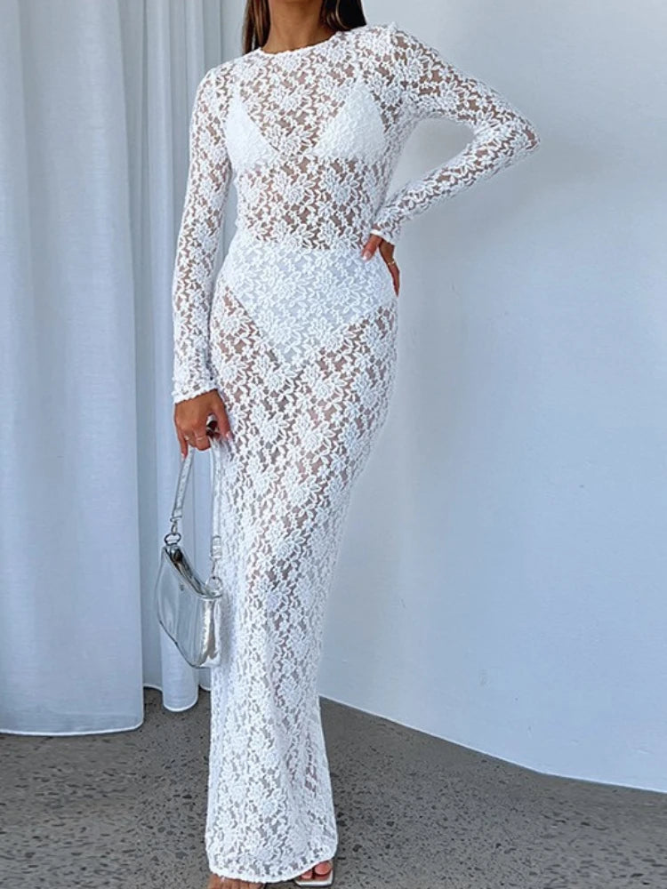 Sexy See-through Lace Flower Embroidery Slim Bodycon Long Dress