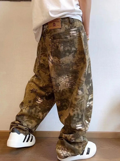 Snake Animal Print Camouflage Pants for Men Wide Leg Jeans