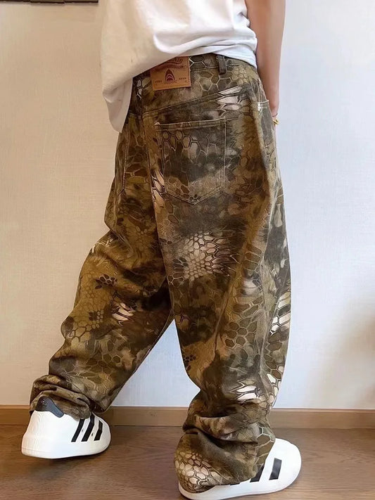 Snake Animal Print Camouflage Pants for Men Wide Leg Jeans