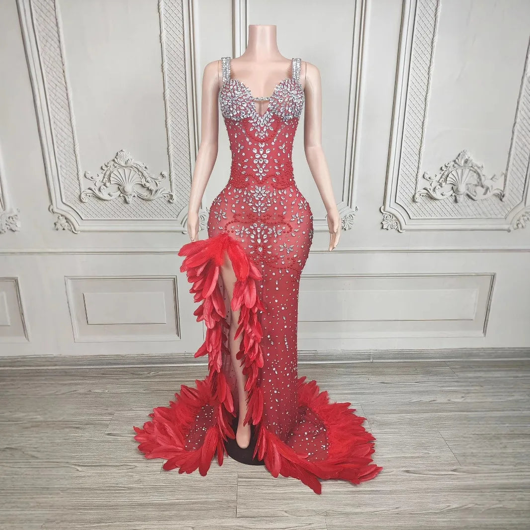 Exquisite Formal Prom Dress Elegant Red Feathers rhinestone Slit luxury Gowns