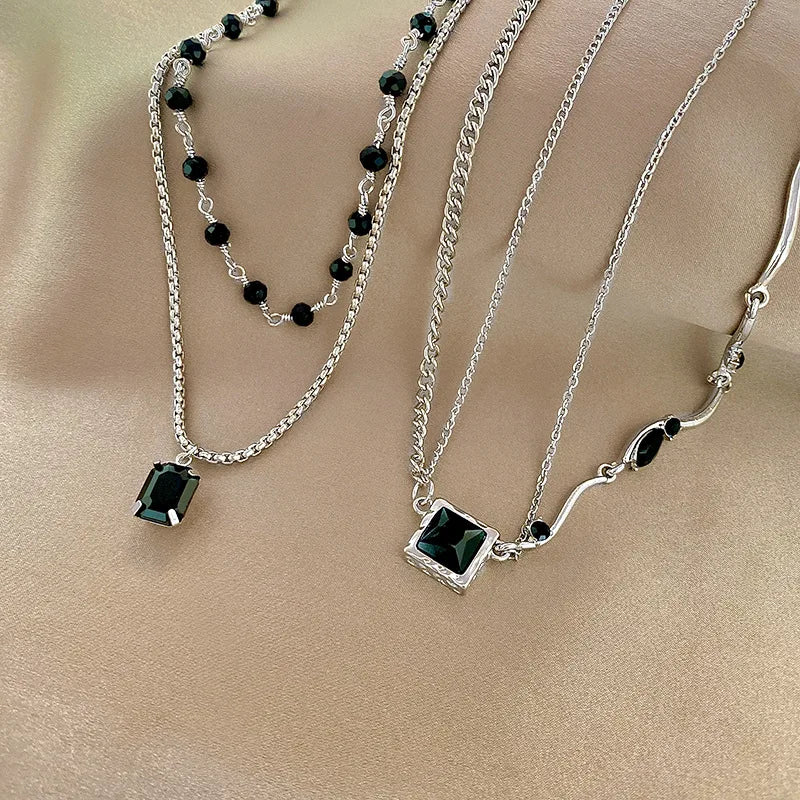 Black Square Pendant Double Layer Necklaces for Women