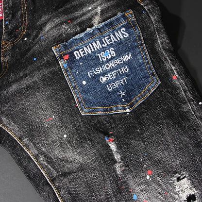 Men Jeans Retro Black Gray Slim Fit Ripped Jeans