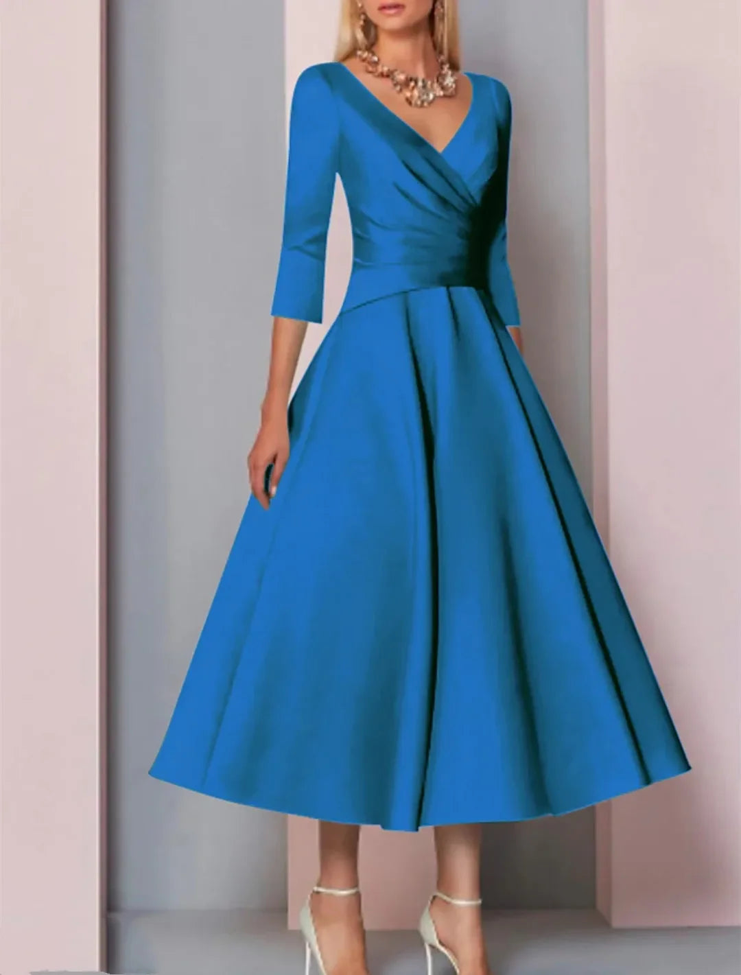 Evening Dress Women Elegant Sexy Satin Deep V-neck 3/4 Sleeves