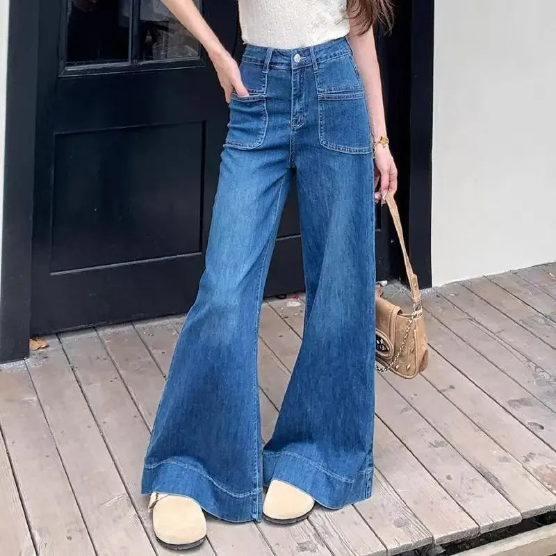 Autumn Spring Wide Leg Jeans Women Denim Pants Vintage Denim Trousers Fashion Female Bllue Straight Jeans Casual Wide Leg Pants