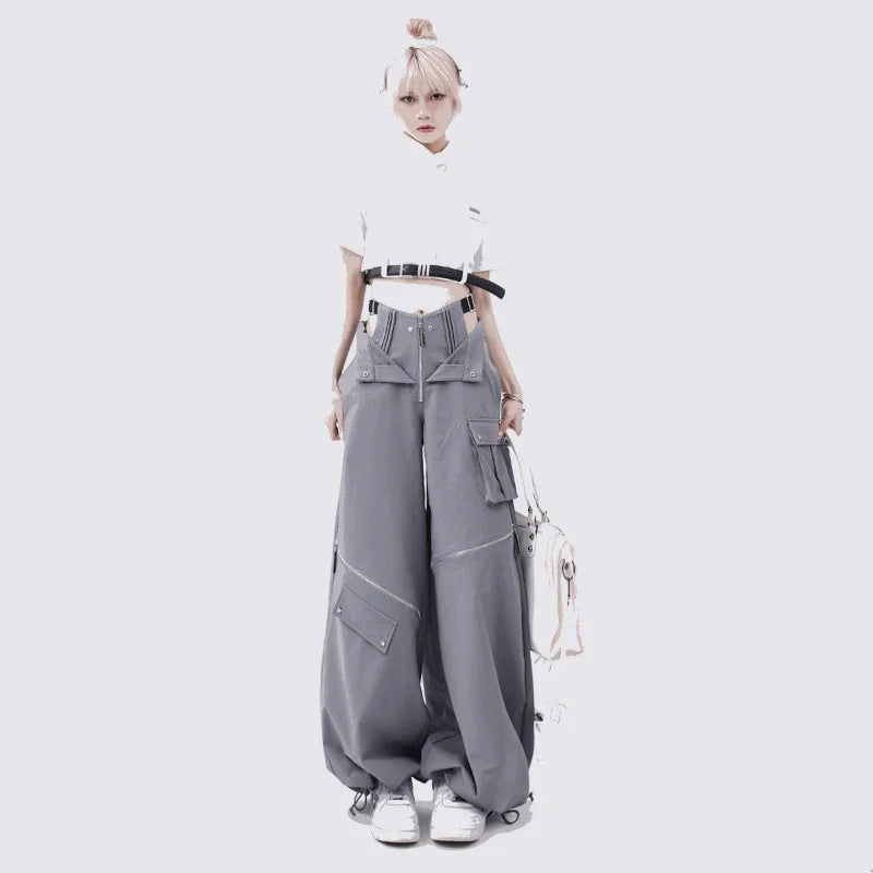 Grey Cargo pants female casual original retro multi zip pocket