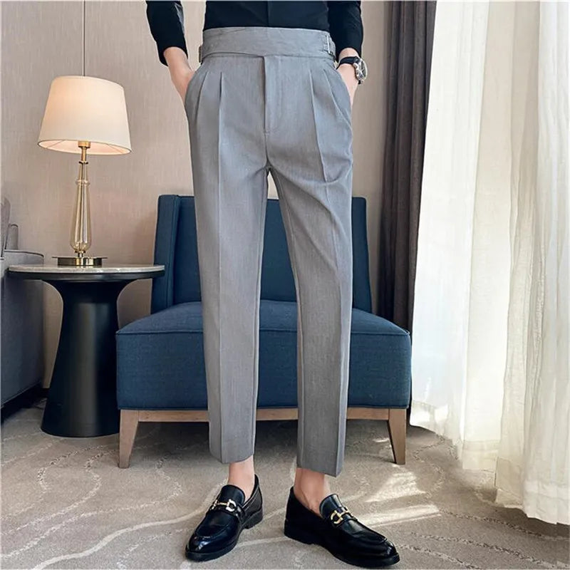 Men High Waist Casual Dress Pant Men Belt Design Slim Trousers
