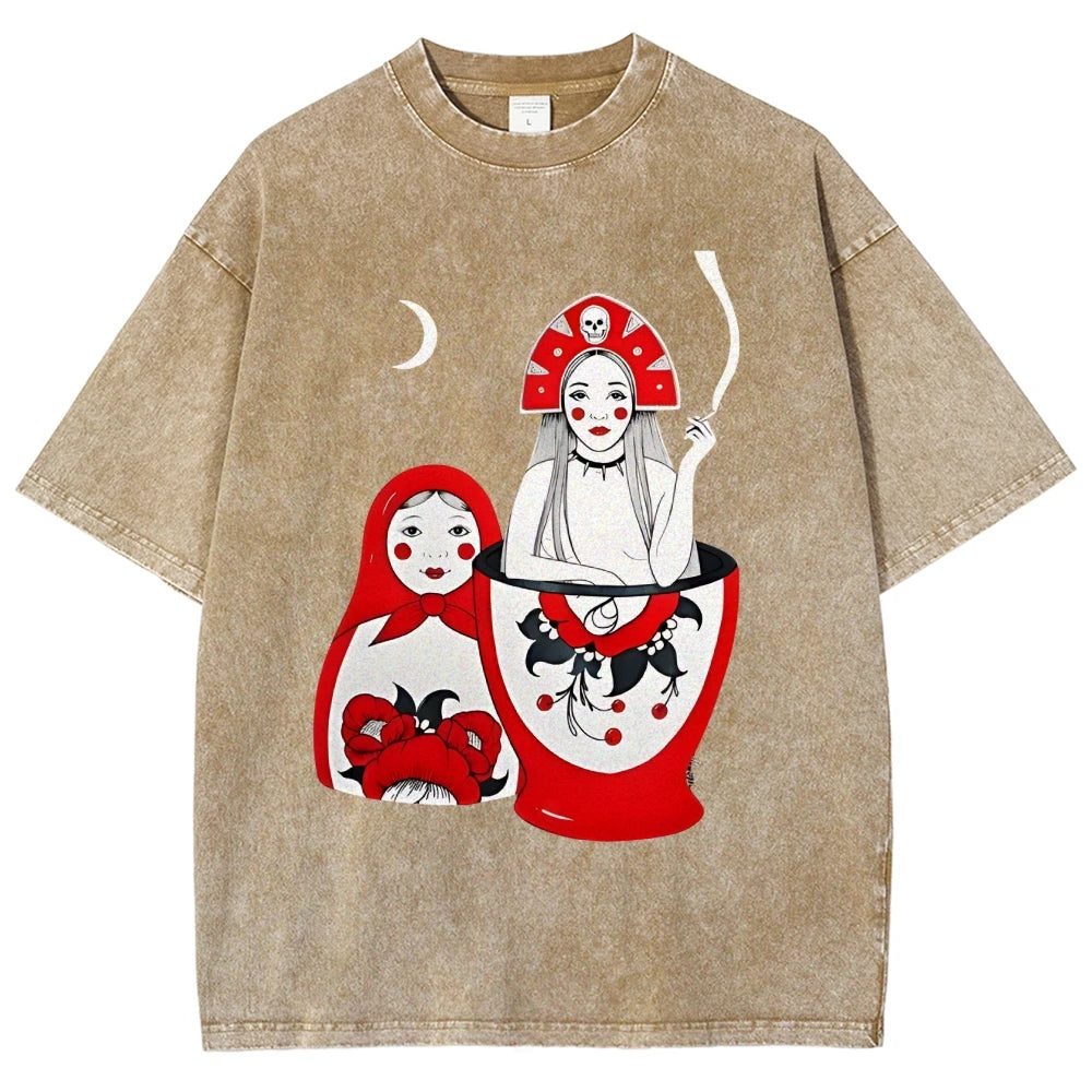 Russian Doll Pattern, Cute Style, Y2k Graphic Tee, Women's Oversized T-Shirt, Cute Hand-Painted Bunny, Korean Style Art, Summer