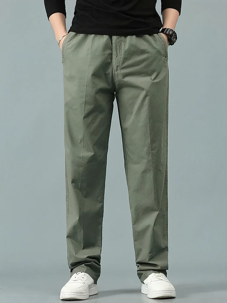 100% Cotton Straight Casual Pants Men Wide Leg Baggy Trousers Male Big size Office Work Wear Summer Thin Formal Trousers