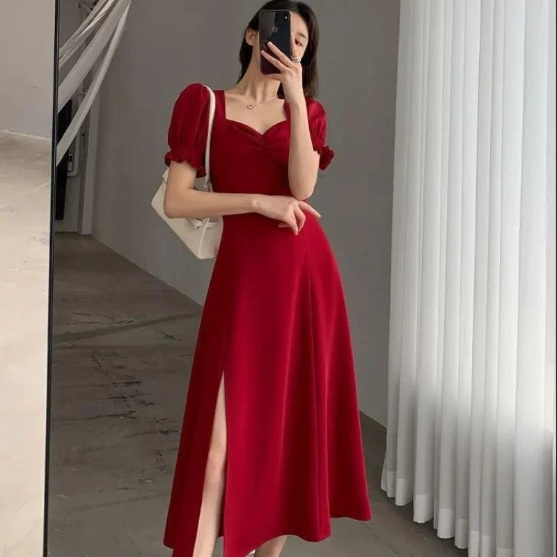 Solid Puff Short-Sleeved Elegant Slit Dress New Fashion Women V-neck Full Dresses Ladies High Waist Slim Evening Party Vestidos