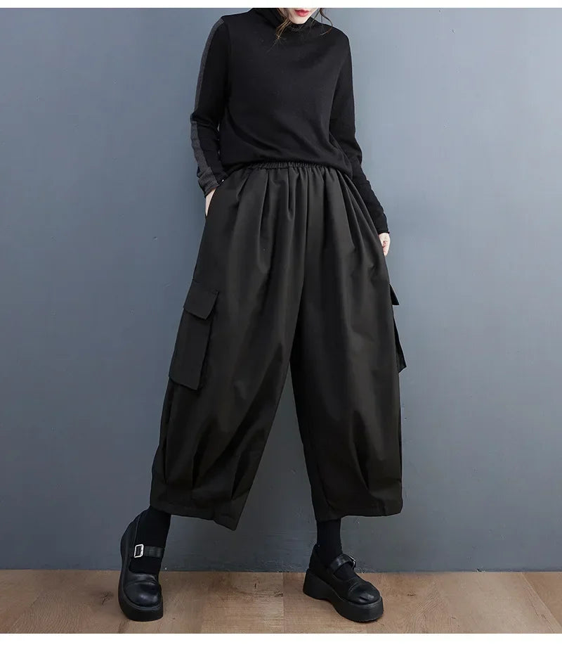 Black Vintage High Elastic Waist Oversized Cargo Pants