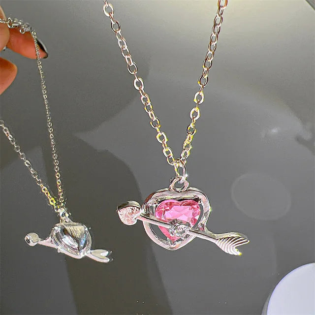Y2K Pink Planet Heart Zircon Pendant Necklaces For Women