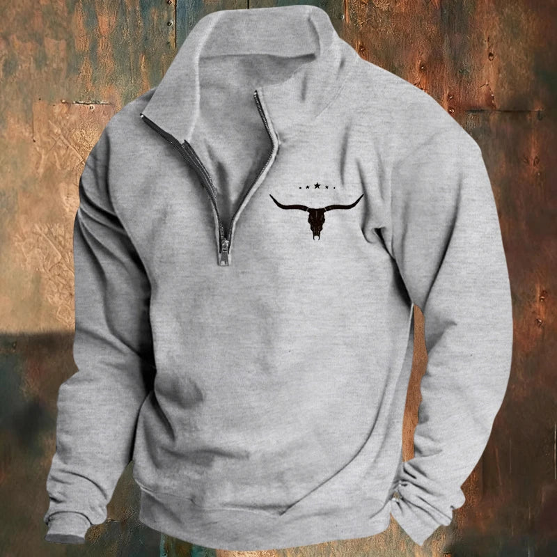 Men's Long-Sleeved Sweatshirt Autumn Winter Fleece European American Style Half-Zipper Stand-Up Collar Solid Color Bull Head Pri