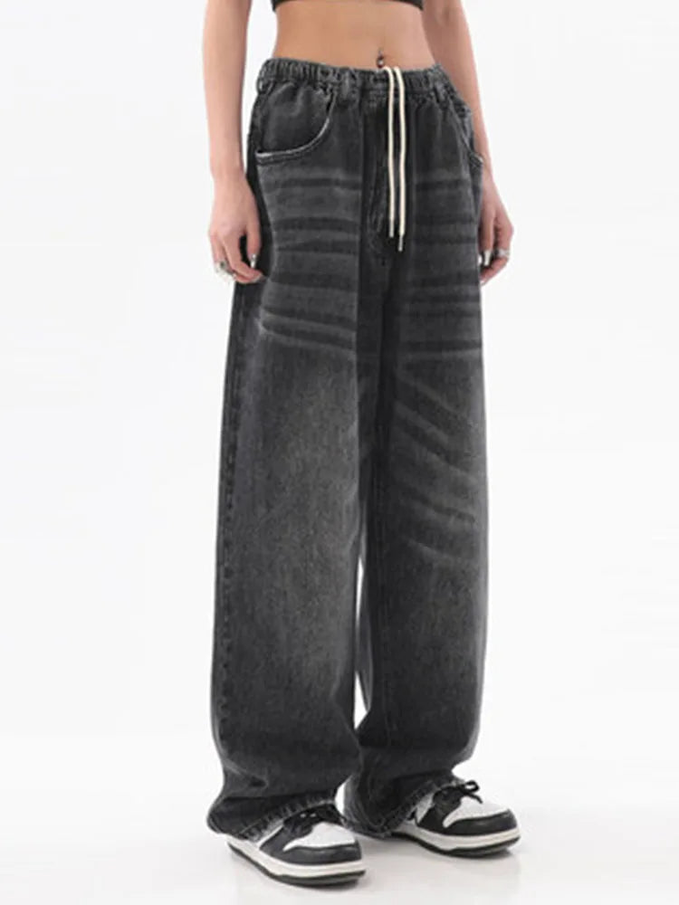 2025 Women American Vintage Baggy Jeans Elastic Waist Oversized Long Trouser Denim Pant Wide Leg Streetwear Straight Basic Daily