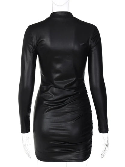 Sexy Imitation Leather Folds Slim Bodycon Dress