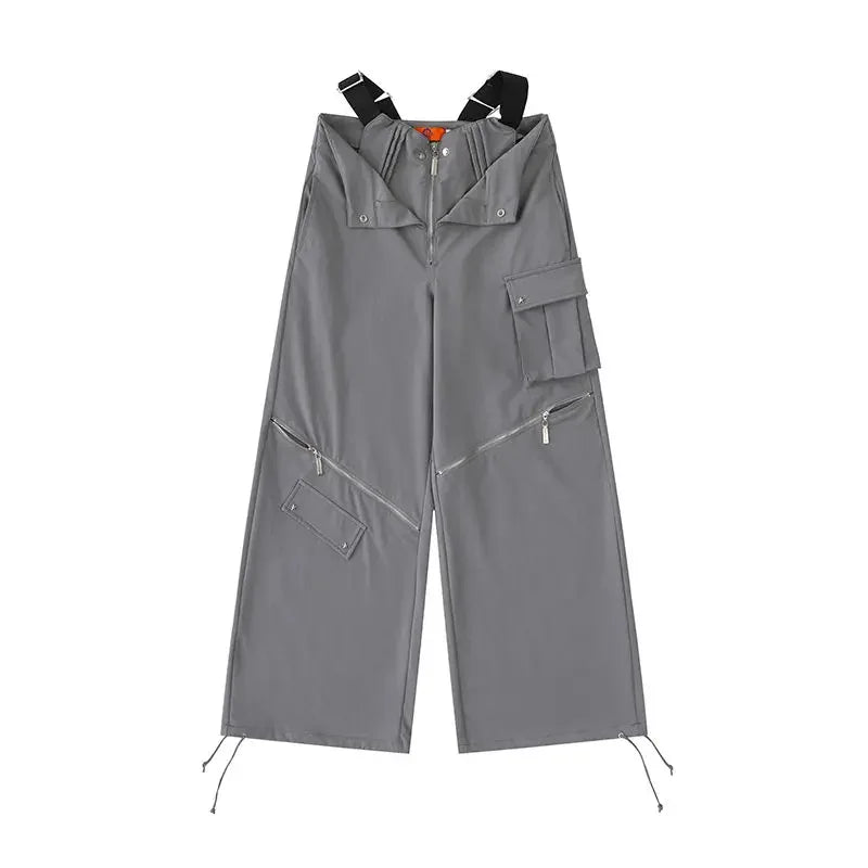 Grey Cargo pants female casual original retro multi zip pocket