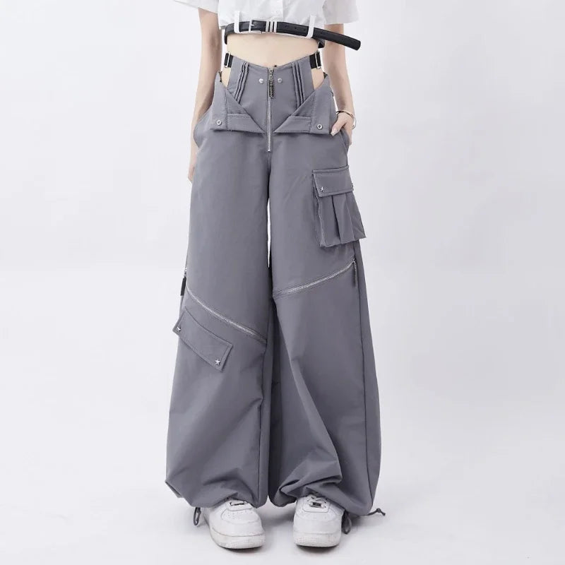 Grey Cargo pants female casual original retro multi zip pocket