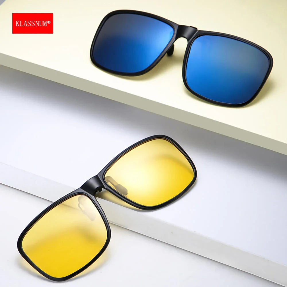 KLASSNUM Clip Polarized Sunglasses Square Men Clip On Glasses Flip-up Frames Sunglasses Covers Blue Night Vision Color Lens 2025