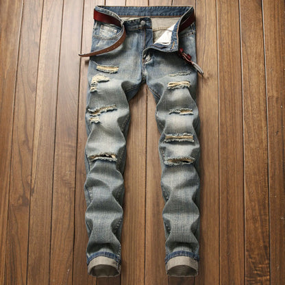 Fall New Men's Wear Ripped Straight Fit Stretchless Jeans