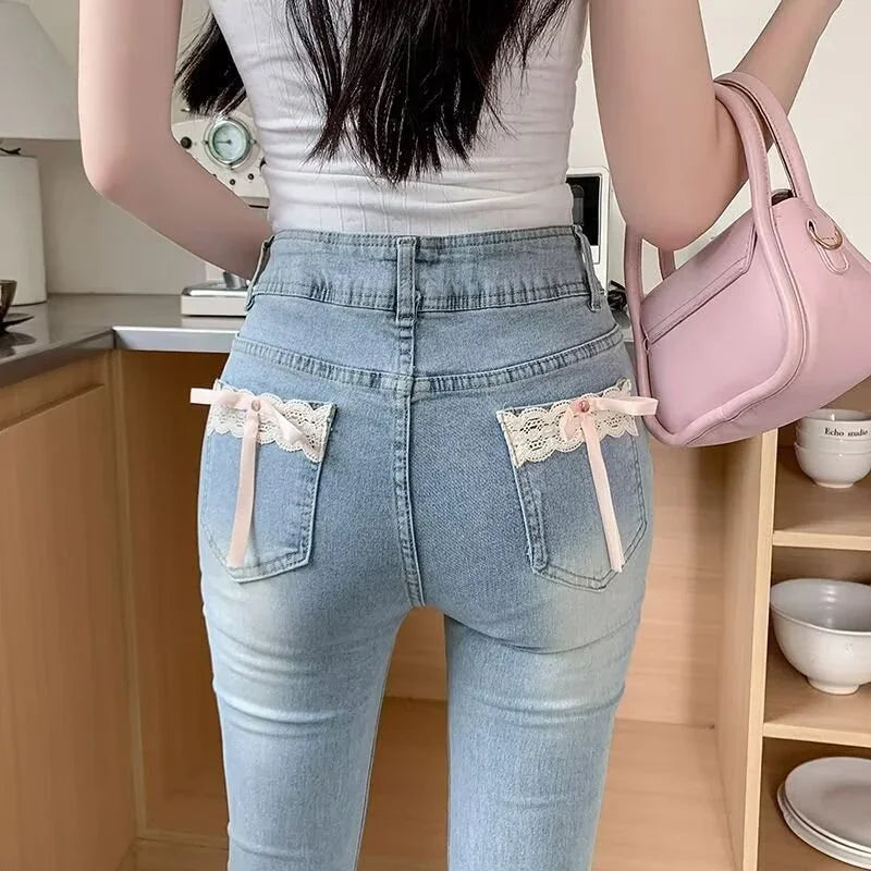 New Girls Sweet Lace Bowknots Decoration Blue Flare Jeans Lady Korean Stretch Bell Bottom Pants Female High Waist Denim Trousers