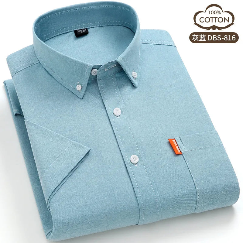 100% cotton 5XL men's short sleeve shirt Oxford Summer high quality with pockets casual wear free breathable slim fit