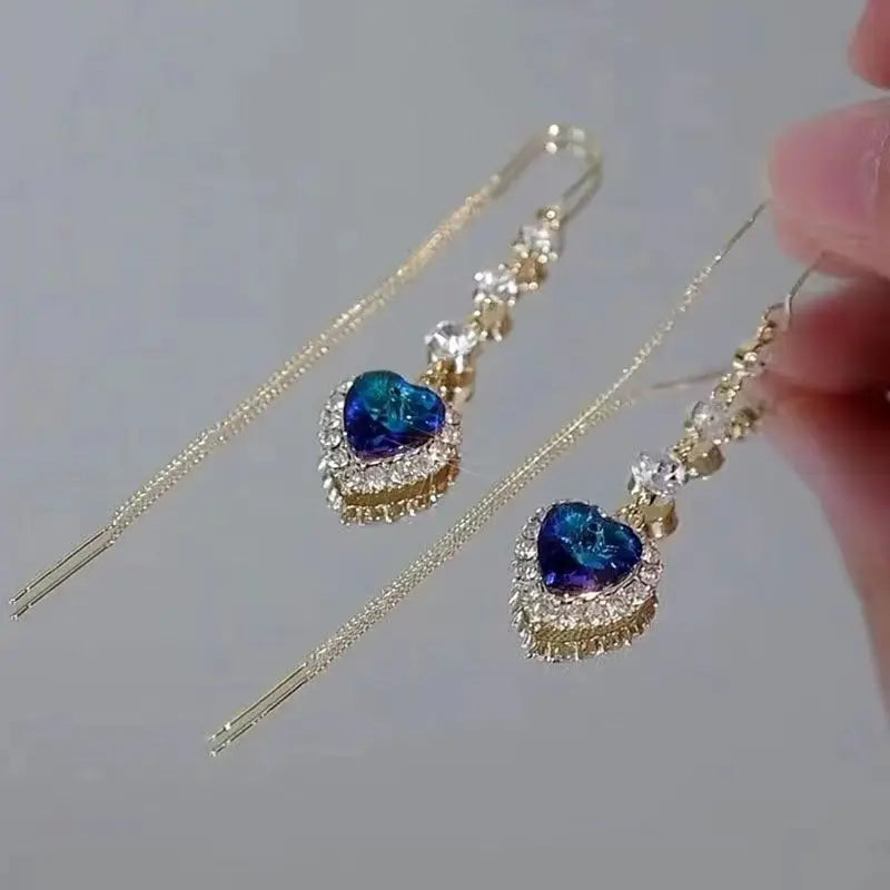 Exquisite Blue Heart Shaped Zircon Long Tassel Earrings for Women