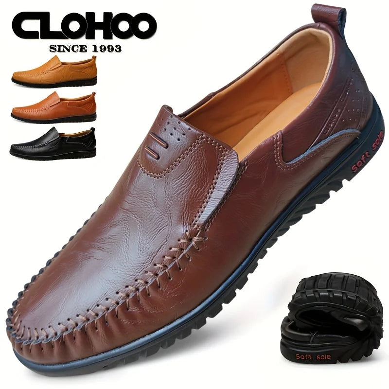 CLOHOO Men's Loafers Genuine Leather Flat Breathable Casual Shoes Handmade Slip on Driving Shoes Fashion Business Shoes