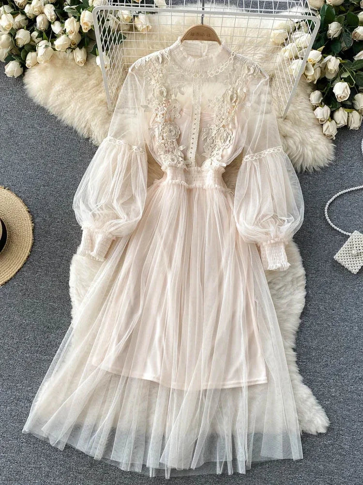 Three-dimensional Flower High Waist Slim Female Dresses