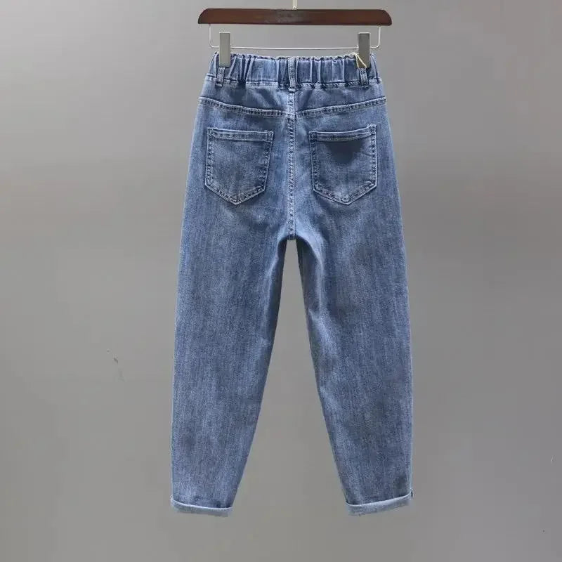 2024 New Women's Jeans High-waisted Elastic Waist Slimming Straight-leg Harem Trousers Autumn Fashion Trend