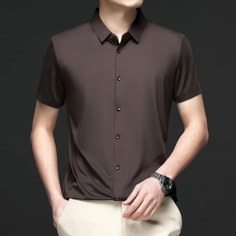 New Men's Business Casual Solid Color Short Sleeved Shirt for Summer Fashion No Ironing Comfortable and Versatile Top