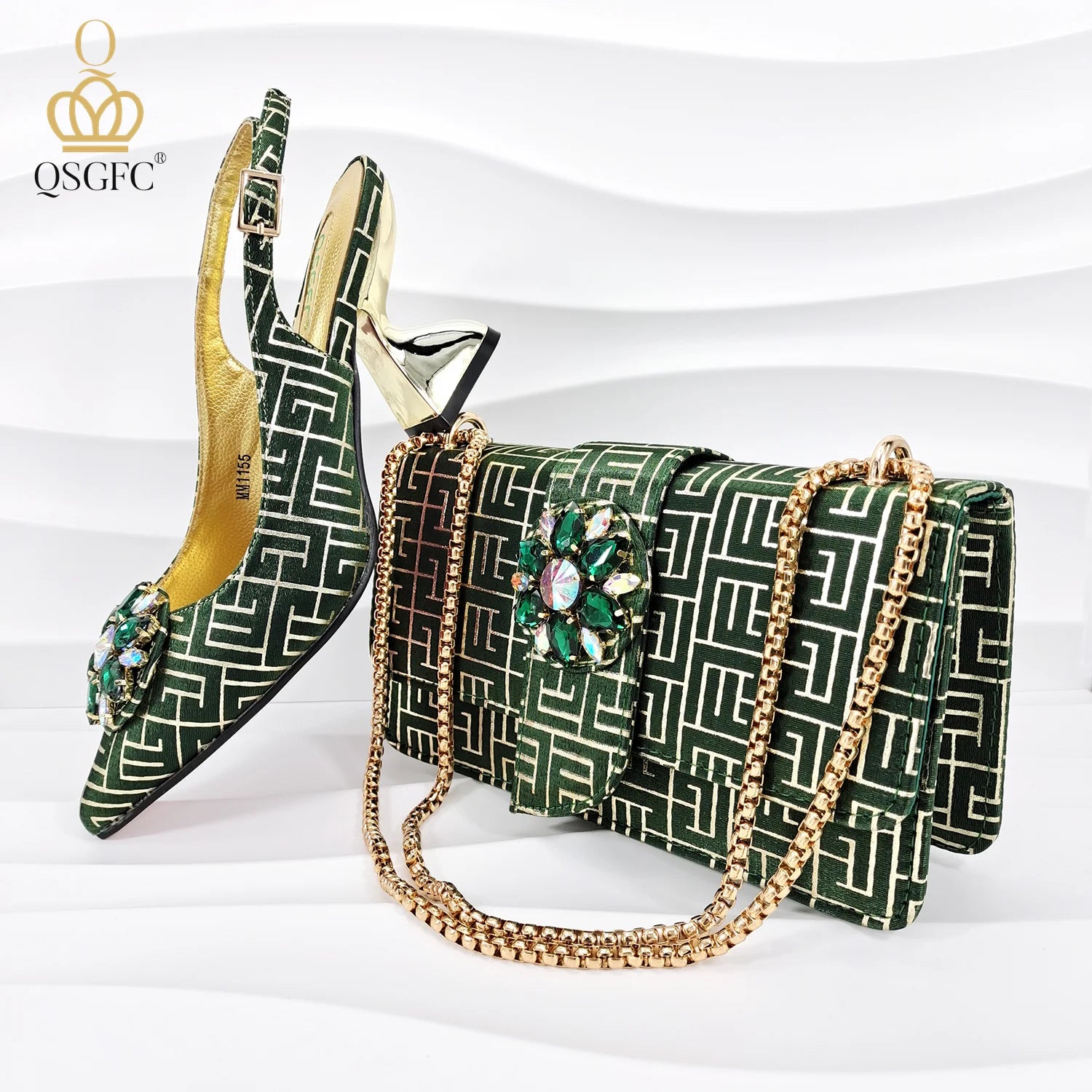 Embossed Style Big Diamond Decoration Classic Black Color Shoes and Bag Set