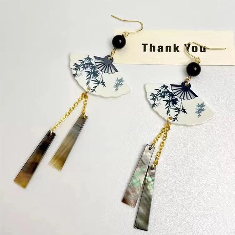 Steel Fun Jewelry Fan Shell Pendent Long Tassel Dangle Earrings for Women